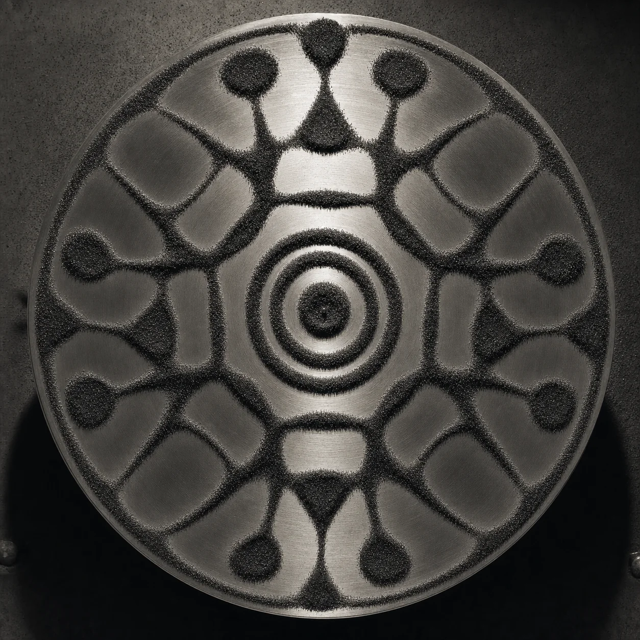 Fine sand on a driven steel plate, collected along the nodal lines of a standing wave.