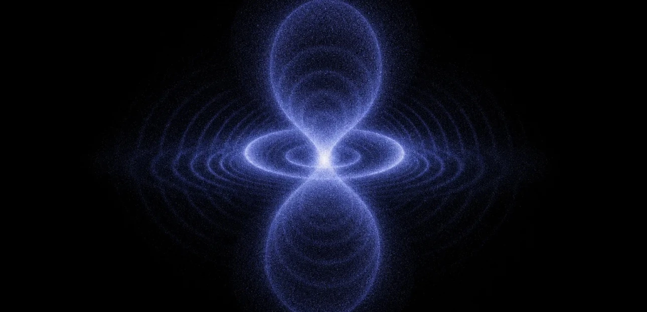 Glowing blue-violet electron cloud with lobes above and below and rings spreading outward from a bright center